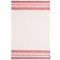 Elegant striped linen tea towel featuring warm brick red accents on natural linen in a classic French kitchen style.