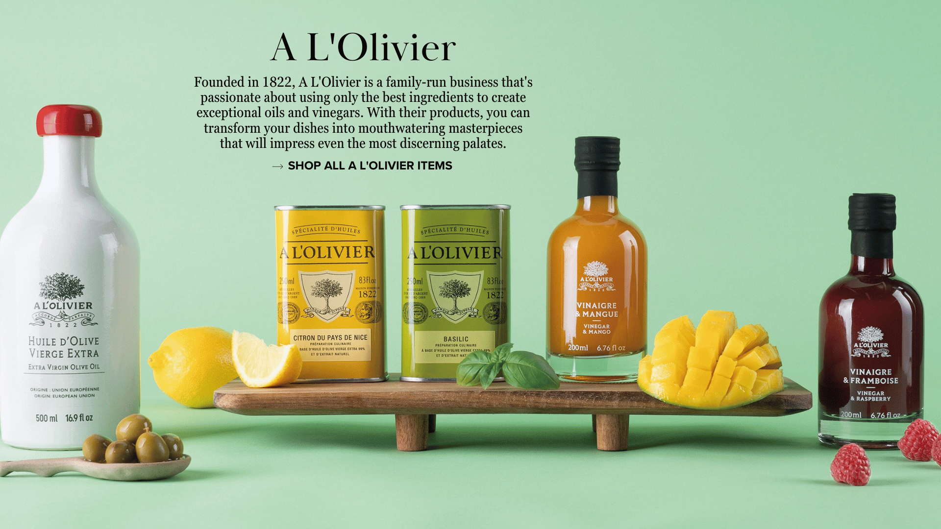 Discover the delightful world of A L'Olivier oils and vinegars from France, featuring a vibrant packaging and a wide range of delicious flavors inspired by the Mediterranean France. Browse our selection and elevate your culinary experience with the finest quality ingredients.