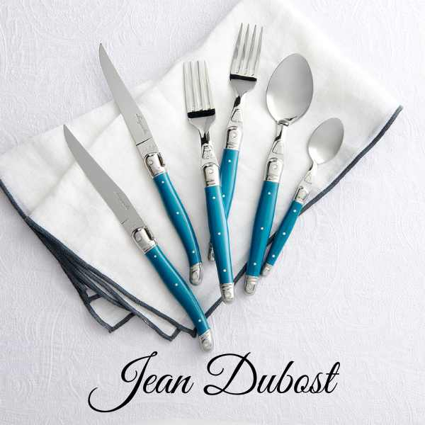 Jean Dubost Laguiole cutlery with shiny blades and blue handles.