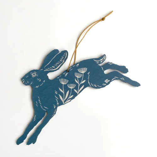 Hand Printed Leaping Hare Wooden Decoration