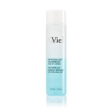 A clear bottle of waterproof makeup remover for eyes and lips, labeled "Vie Collection," with a light blue liquid inside. A clear bottle of waterproof makeup remover for eyes and lips, labeled "Vie Collection," with a light blue liquid inside.