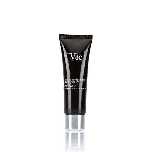 A sleek black tube of renewing exfoliating cream with a silver cap, labeled "Vie" and featuring both English and French text. A sleek black tube of renewing exfoliating cream with a silver cap, labeled "Vie" and featuring both English and French text.