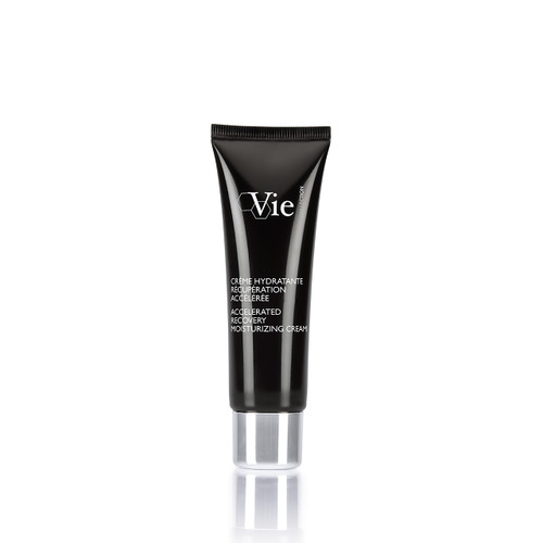 A sleek black tube of moisturizing cream labeled "Accelerated Recovery Moisturizing Cream" with white text.