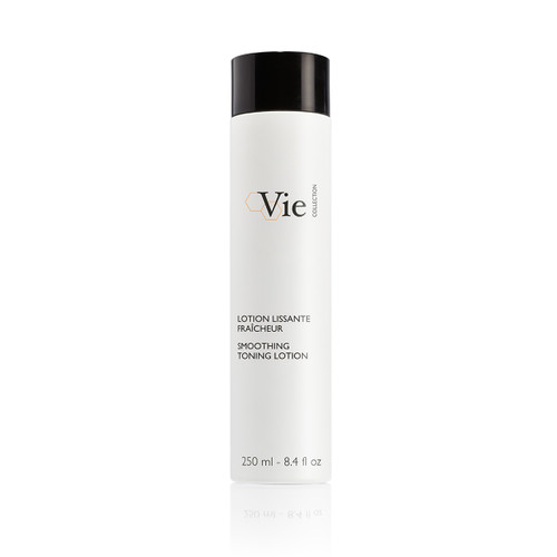 A sleek white bottle of Smoothing Toning Lotion from Vie Collection, 250 ml, with a black cap and minimalist design. A sleek white bottle of Smoothing Toning Lotion from Vie Collection, 250 ml, with a black cap and minimalist design.