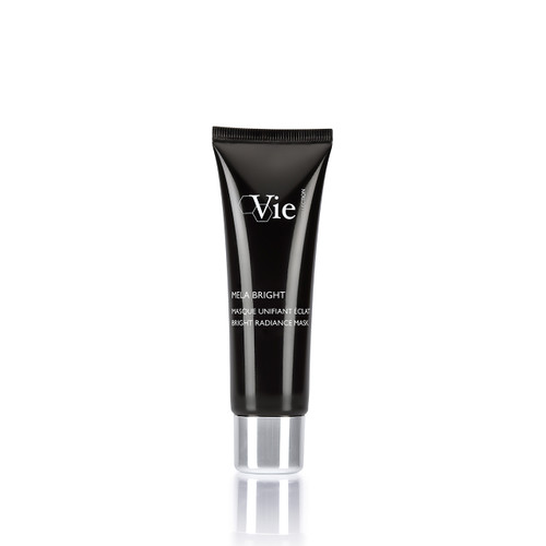 A black tube of skincare product labeled "Mela Bright" with a silver cap, designed for brightening and radiance.