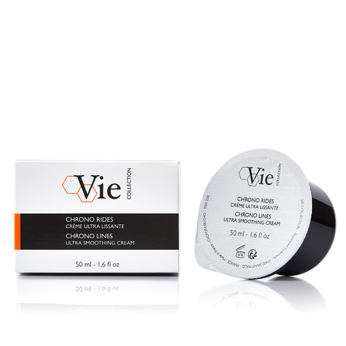 A plastic 50 ml insert of "Chrono Rides Ultra Smoothing Cream Refill" from Vie Collection, alongside its box, both featuring sleek, modern design.