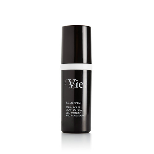 A sleek black serum bottle with a white band, labeled "RE-DERMIST" for skin texture and pore care. A sleek black serum bottle with a white band, labeled "RE-DERMIST" for skin texture and pore care.