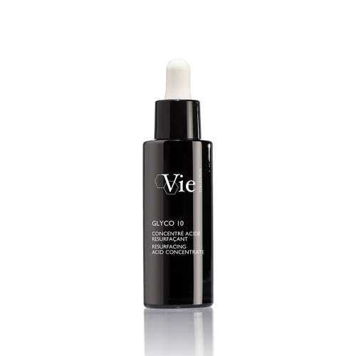 A sleek black bottle of "Glyco 10" resurfacing acid concentrate with a dropper top, featuring the brand name "Vie." A sleek black bottle of "Glyco 10" resurfacing acid concentrate with a dropper top, featuring the brand name "Vie."