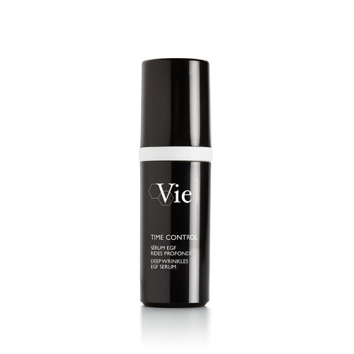 A sleek black serum bottle labeled "Time Control" with white accents, designed for deep wrinkle treatment. A sleek black serum bottle labeled "Time Control" with white accents, designed for deep wrinkle treatment.