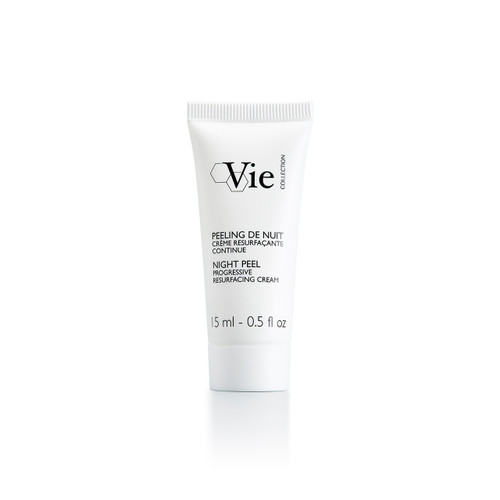 A white tube of night peel cream labeled "Vie Collection" with 15 ml capacity, featuring both English and French text. A white tube of night peel cream labeled "Vie Collection" with 15 ml capacity, featuring both English and French text.