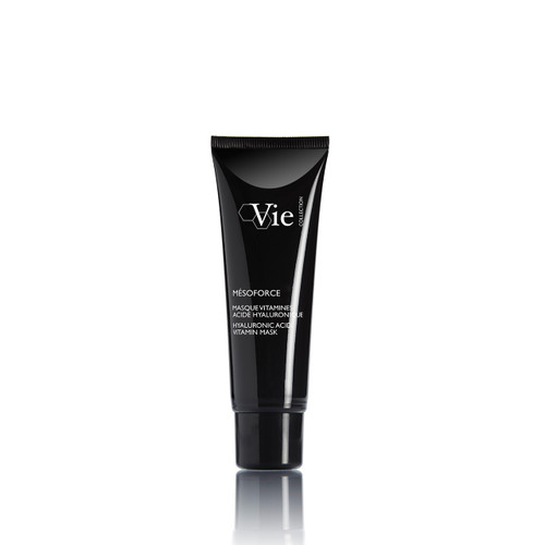 A black tube of Mésoforce Hyaluronic Acid Vitamin Mask from Vie Collection, featuring sleek design and clear labeling. A black tube of Mésoforce Hyaluronic Acid Vitamin Mask from Vie Collection, featuring sleek design and clear labeling.