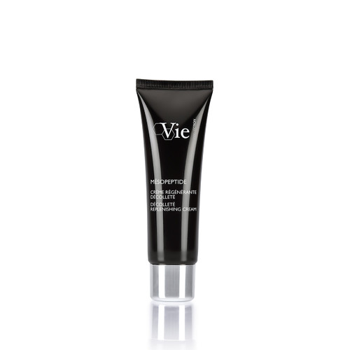 A black tube of Mésopéptide replenishing cream with silver accents, labeled in French and English. A black tube of Mésopéptide replenishing cream with silver accents, labeled in French and English.