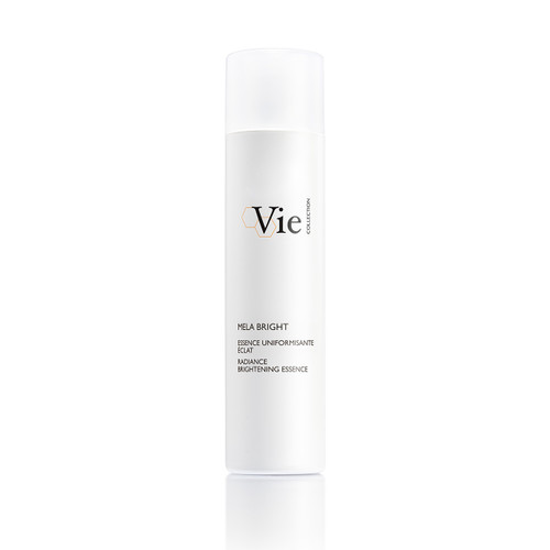 A sleek white bottle labeled "Mela Bright" from Vie Collection, featuring a minimalist design and a focus on radiance. A sleek white bottle labeled "Mela Bright" from Vie Collection, featuring a minimalist design and a focus on radiance.