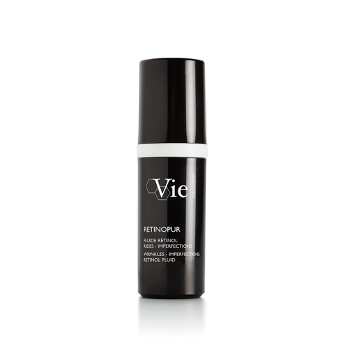 A sleek black bottle of Retinopur retinol fluid from Vie Collection, labeled for wrinkles and imperfections. A sleek black bottle of Retinopur retinol fluid from Vie Collection, labeled for wrinkles and imperfections.