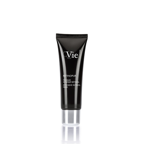 A black tube of "Retinopur" intensive retinol mask with a silver cap, featuring the brand name "Vie" prominently displayed.