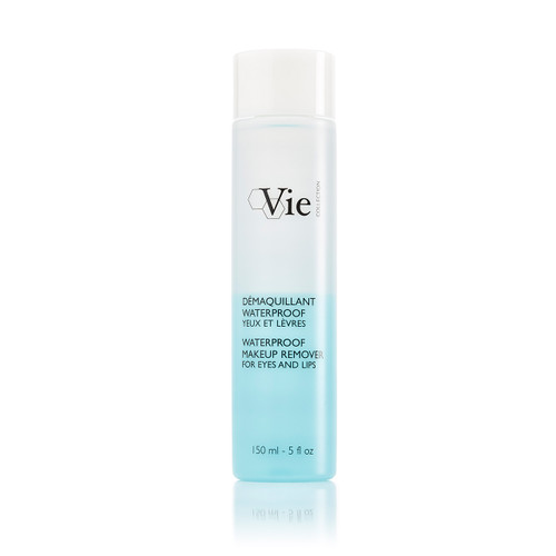 A clear bottle of waterproof makeup remover for eyes and lips, labeled "Vie Collection," with a light blue liquid inside.
