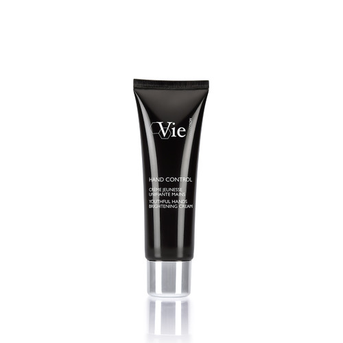 A black tube of hand cream labeled "Hand Control" with the subtitle "Youthful Hands Brightening Cream." A black tube of hand cream labeled "Hand Control" with the subtitle "Youthful Hands Brightening Cream."