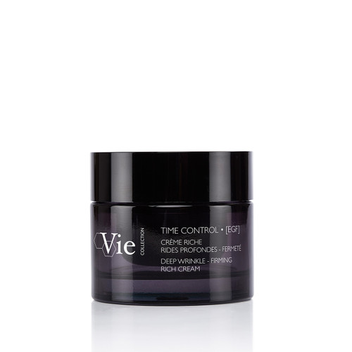 A dark glass jar of "Time Control [EGF]" rich cream, labeled for deep wrinkle and firming benefits.