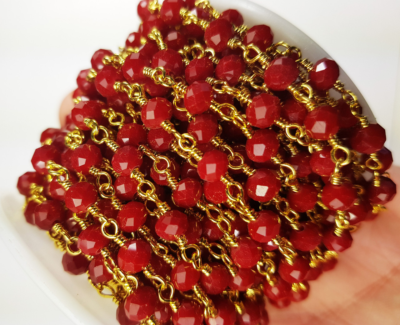 5x6mm Ruby Red Glass Beaded Gold-Plated Chain