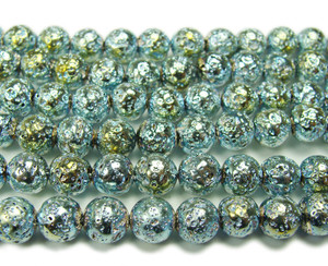 6mm Light Blue Metallic Lava Round Beads