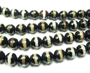 12mm Tibetan Style White Line Black Faceted Beads