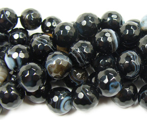 12mm Black Striped Agate Faceted Round Beads