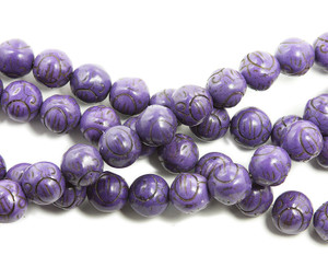 14mm Purple Howlite Carved Round Beads