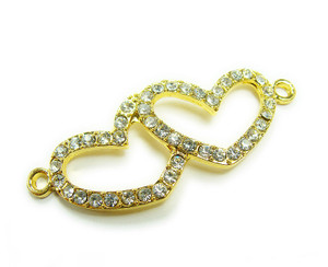 18x45mm Pack Of 4 Yellow Gold Metal And Cz Stone Double Heart Connector 18x45mm Pack Of 4 Yellow Gold Metal And Cz Stone Double Heart Connector