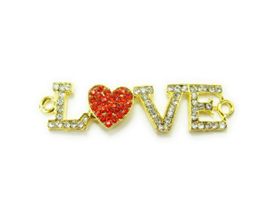 13x45mm Pack Of 4 Gold Metal And Cz Stone "Love" Connector With Red Heart