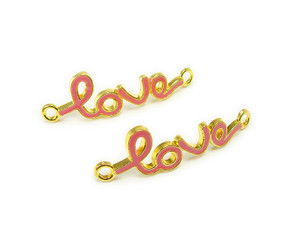 12x40mm Priced For 6 Pieces Soft Pink "Love" Cursive Gold Metal Connector 12x40mm Priced For 6 Pieces Soft Pink "Love" Cursive Gold Metal Connector