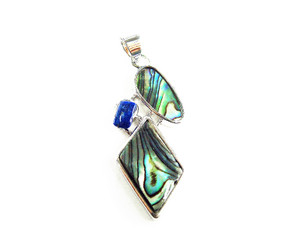 17x35mm Abalone And Lapis Diamond Pendant With Silver Metal Frame 17x35mm Abalone And Lapis Diamond Pendant With Silver Metal Frame