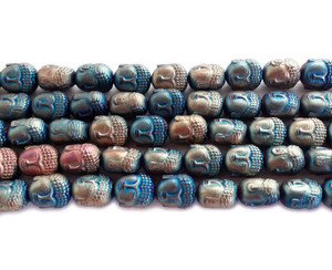9x10mm Multicolor Blue And White Hematite Matte Buddha Head Beads