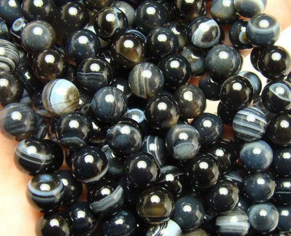 10mm 15.5" Grayish Black Striped Agate Round Beads