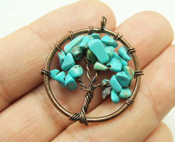 30mm Turquoise Howlite Tree Of Life Brass Wire Pendant