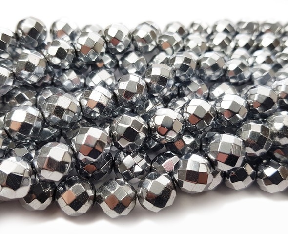 10mm Silver Hematite Faceted Round Beads