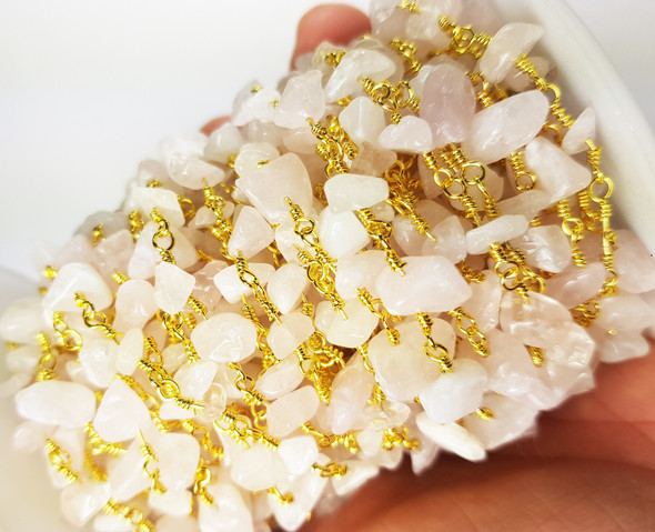 12 Inches Rose Quartz Chips With Gold-Plated Chain
