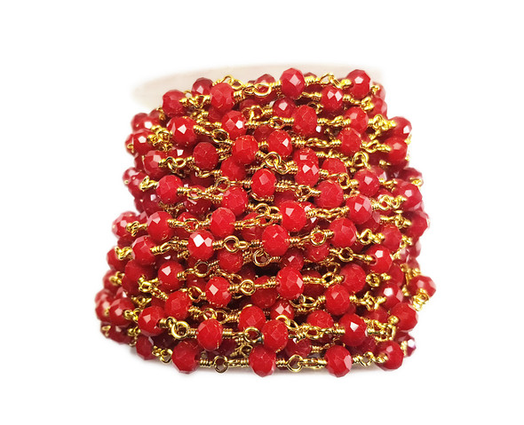 5x6mm Ruby Red Glass Beaded Gold-Plated Chain