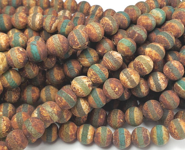 12mm Antiqued Matte Green Line Brown Agate Beads