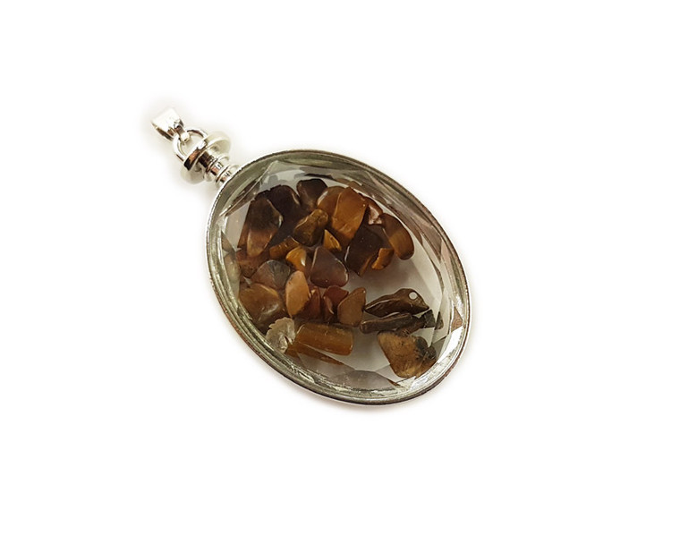 32x42mm Tiger Eye Chips In Oval Glass Pendant