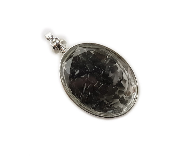 32x42mm Smoky Quartz Chips In Oval Glass Pendant