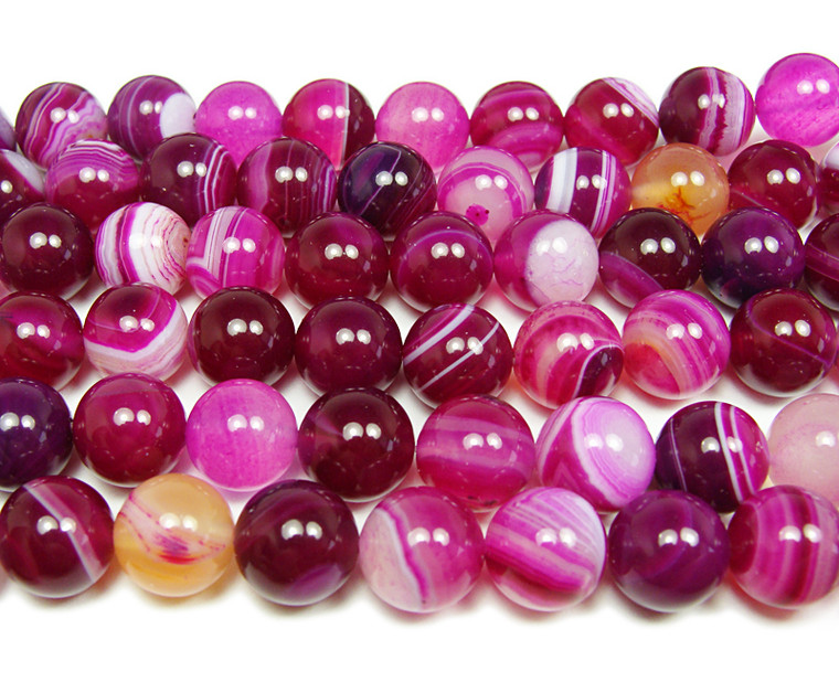 6mm 15.5 Inch Deep Pink Striped Agate Plain Round Beads