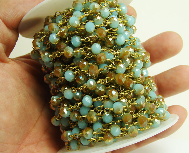 5x6mm Priced For One Foot Blue Gold Glass With Brass Chain