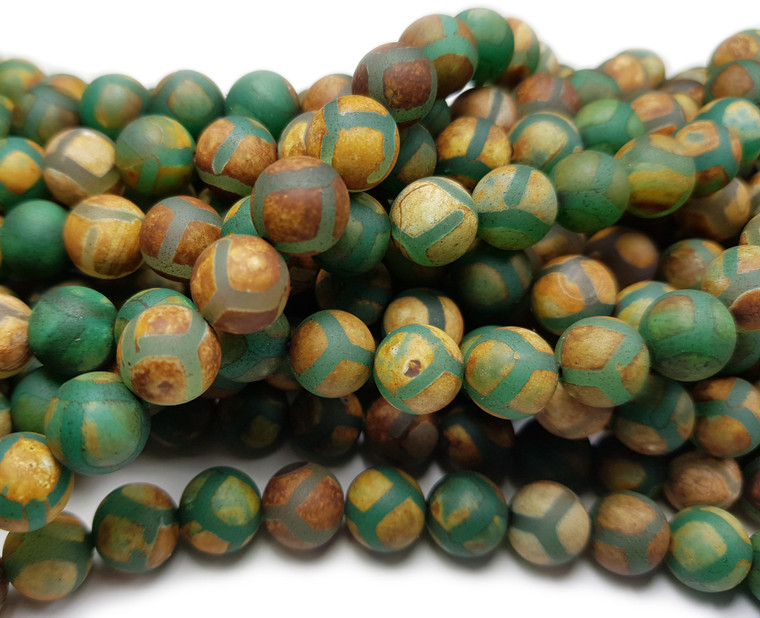 10mm Tibetan Style Agate Green Line Soccer Smooth Beads