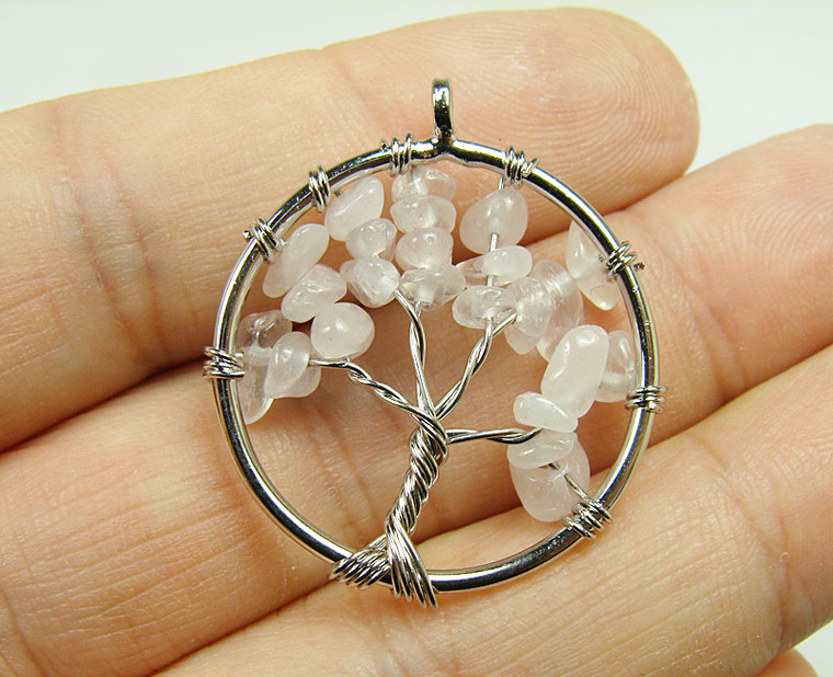 30mm Rose Quartz Tree Of Life Silver Wire Pendant