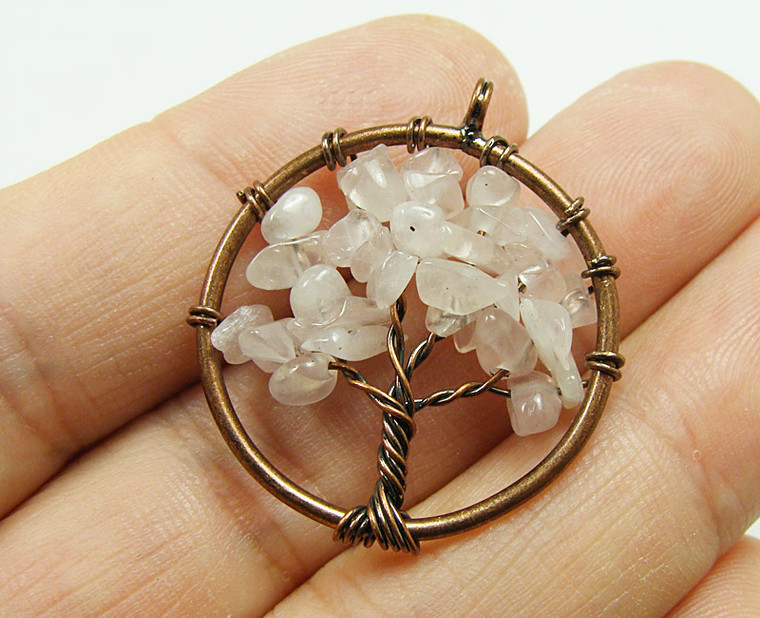 30mm Rose Quartz Tree Of Life Brass Wire Pendant