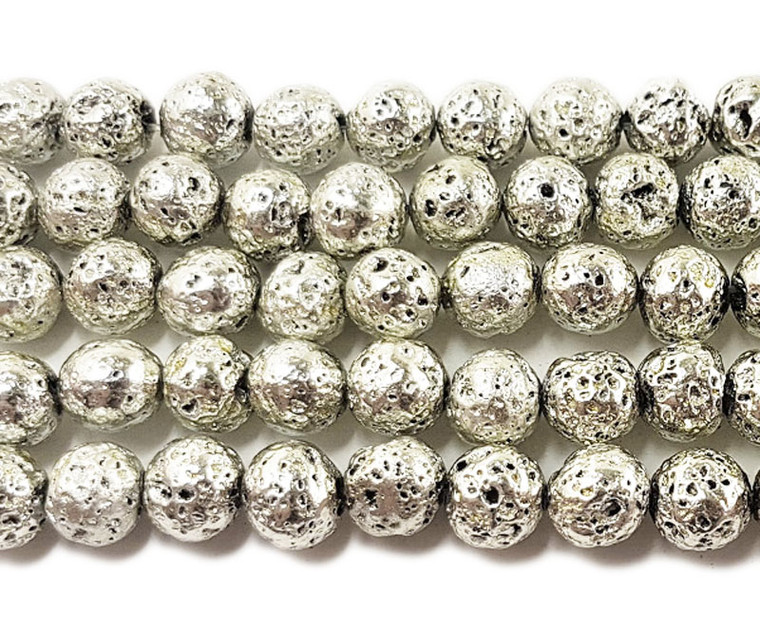 6mm Silver Metallic Lava Round Beads