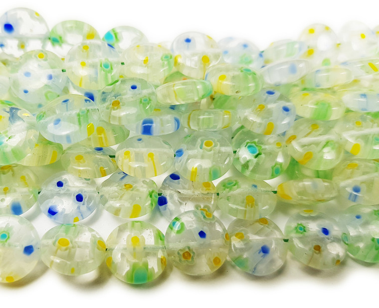 10mm Green Blue Yellow Flowers Millefiori Glass Coin Beads