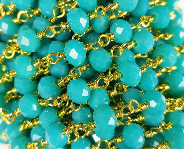 5x6mm 12" Turquoise Blue Glass Beaded Gold-Plated Chain