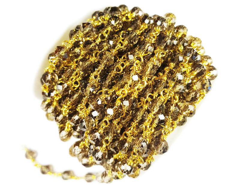 5x6mm Smoky Glass Beaded Gold-Plated Chain