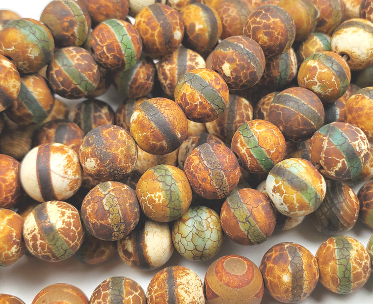 8mm Antiqued Matte Green Line Brown Agate Beads